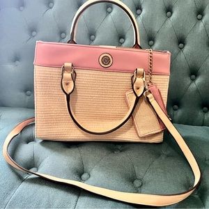 NWOT Anne Klein Straw and Pink Faux Leather Crossbody Handle Bag